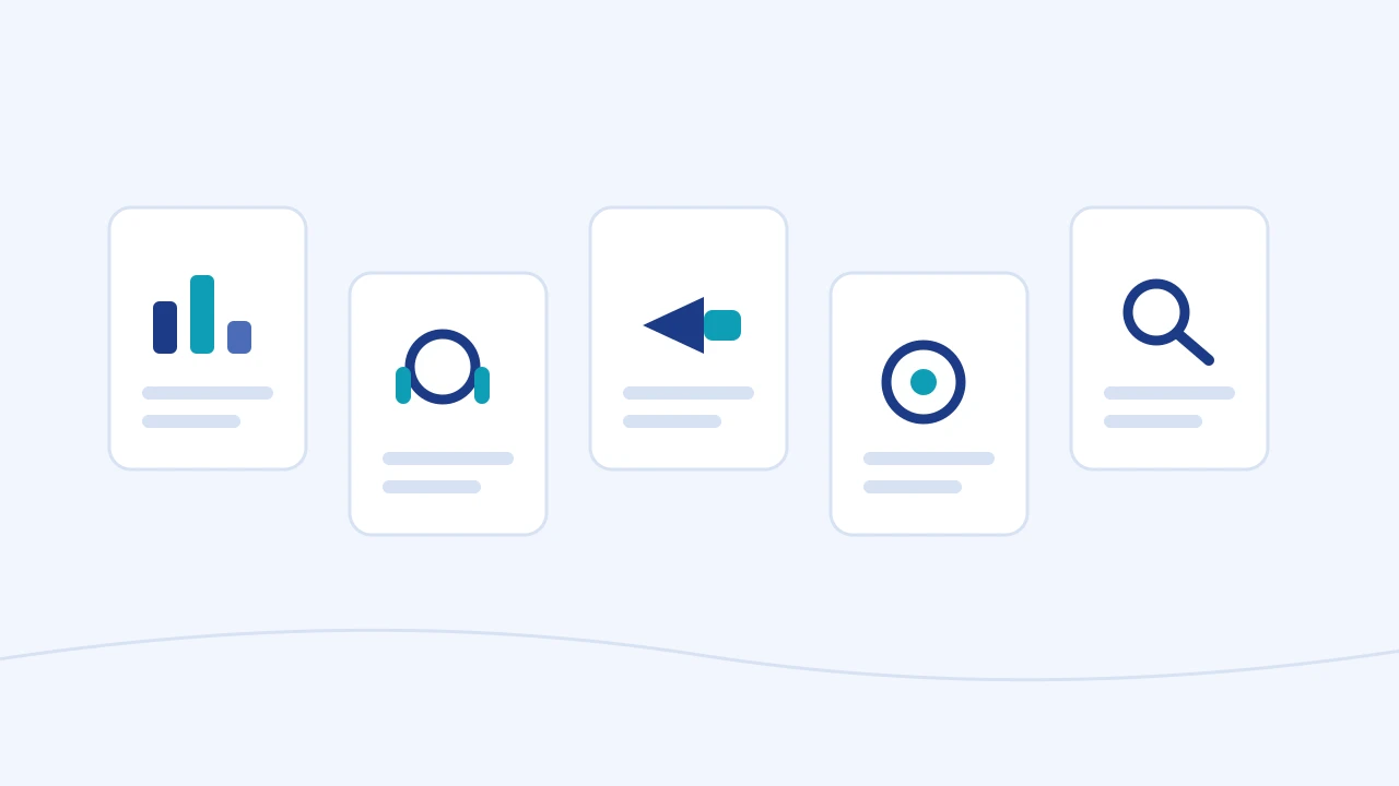 Five role cards in a row - a bar chart for data analysts, a headset for customer support, a megaphone for marketers, a target for product designers and a magnifying glass for QA engineers.