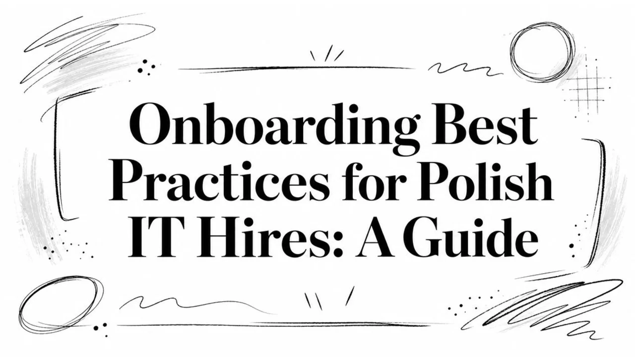 Foreign hiring manager and Polish remote developer connected over an onboarding system spanning legal setup, access provisioning, and 30-60-90 day milestones.